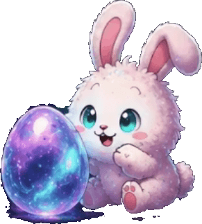 Transparent cutout of DustBunny greeting a cosmic egg