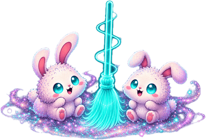Transparent cutout of two DustBunnies beside the magic broom