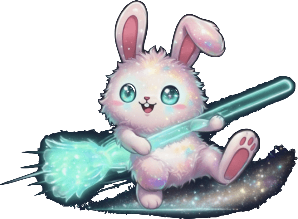 Iridescent DustBunny riding a glowing broom